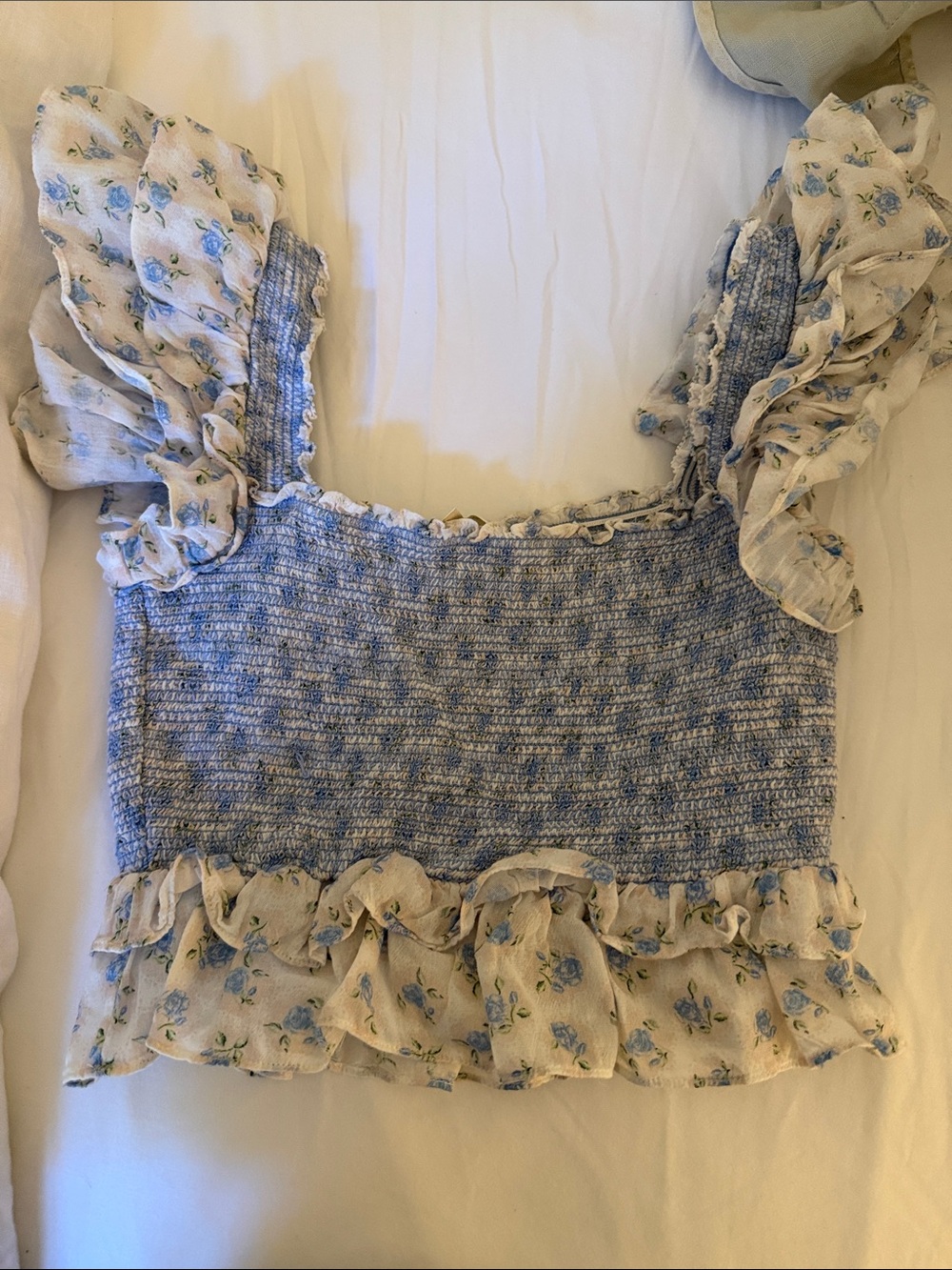 Blue Floral Ruffle Smocked Crop Top